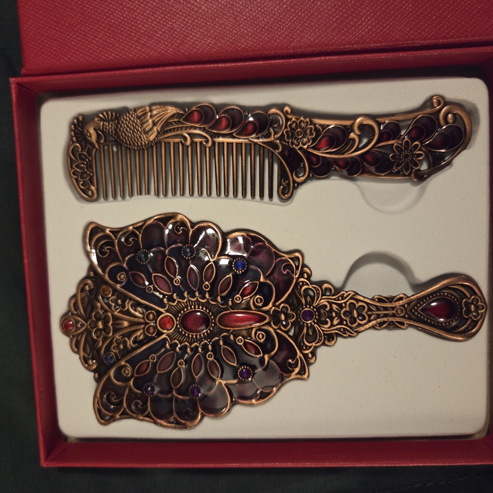 Vintage Inspired Elegant Red and Gold Hair Comb and Mirror Set Child Size